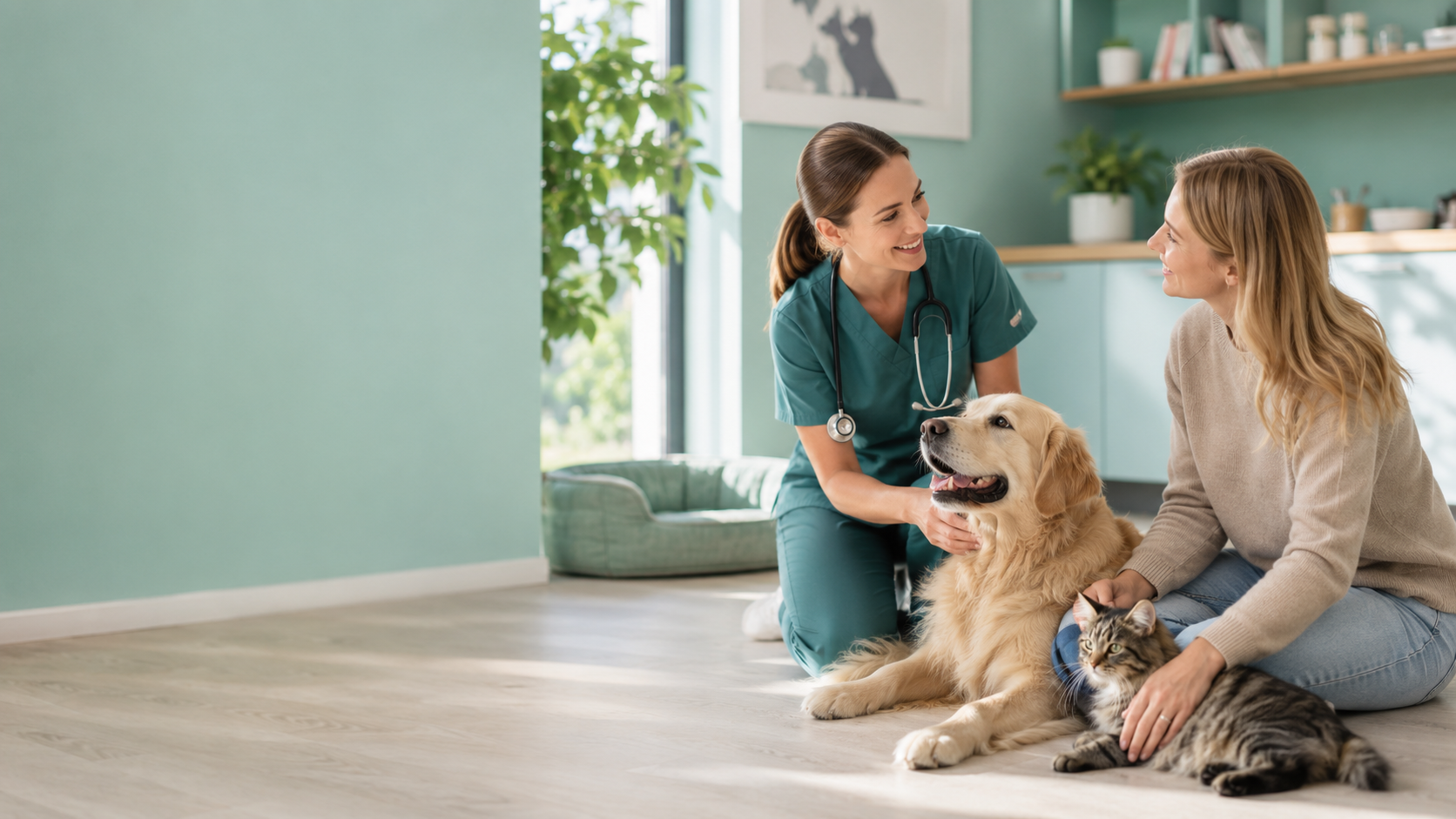 Dierenarts bespreekt de zorg voor een hond en kat met hun eigenaar