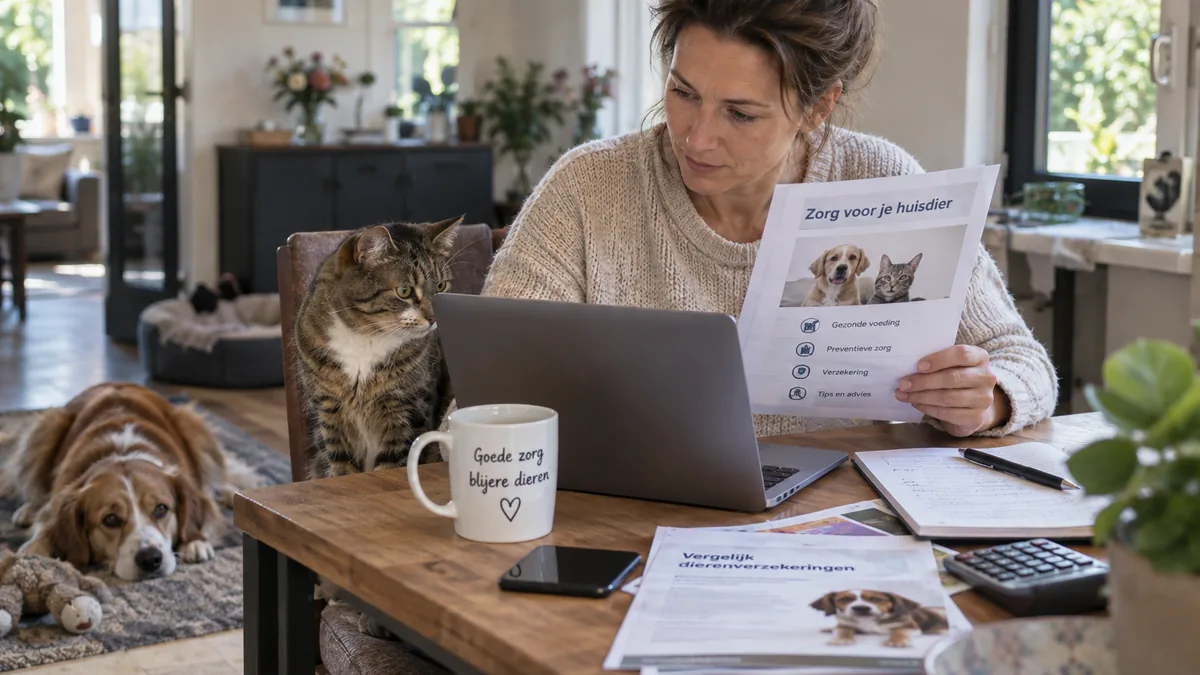 Huisdiereigenaar met hond en kat bekijkt informatie
