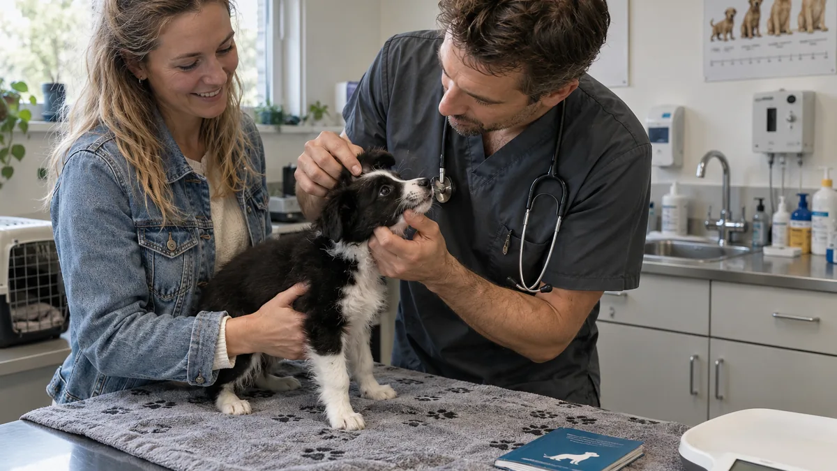 Een jonge hond met de eigenaar bij de dierenarts