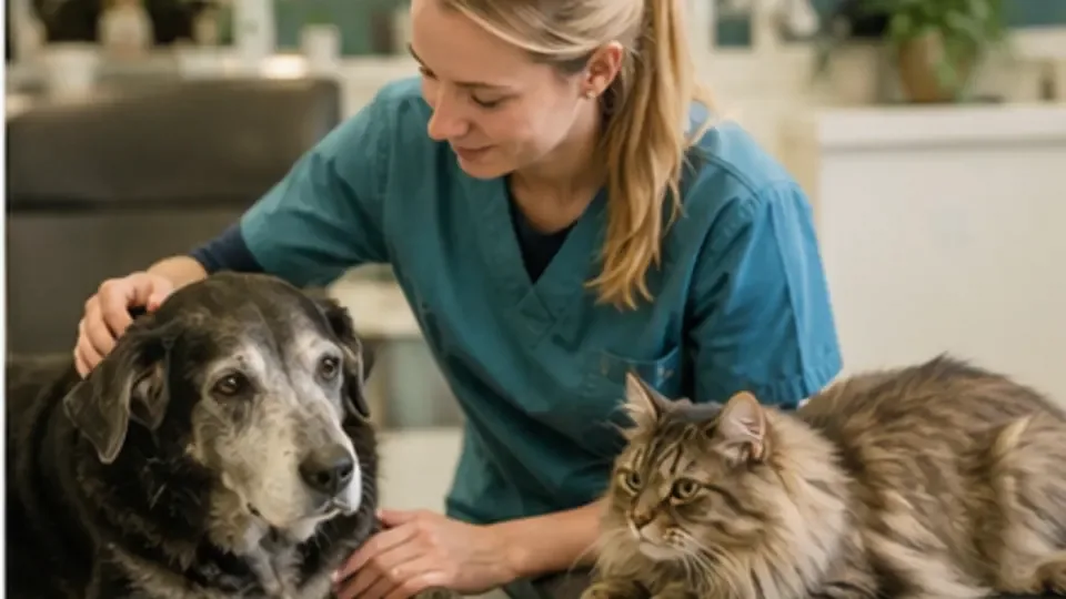 Een oudere hond en kat krijgen aandacht