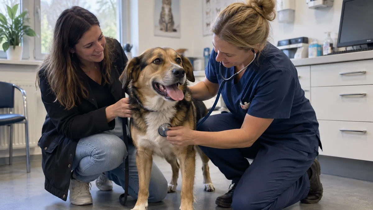 Een hond met de eigenaar tijdens een controle